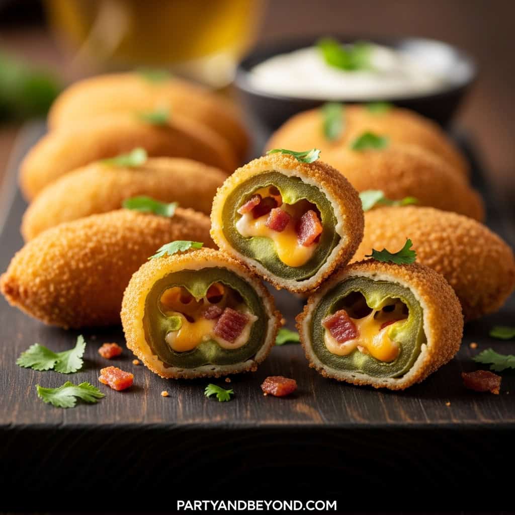 Delicious crispy jalapeño poppers filled with cheese and bacon, perfect for Super Bowl snacks and pa.