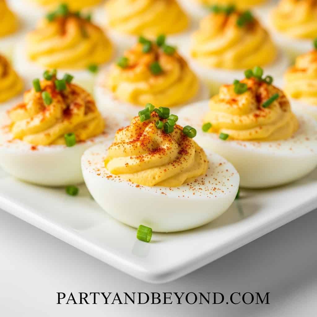 Close-up of deviled eggs topped with spices and green onions, perfect for Super Bowl snacks.