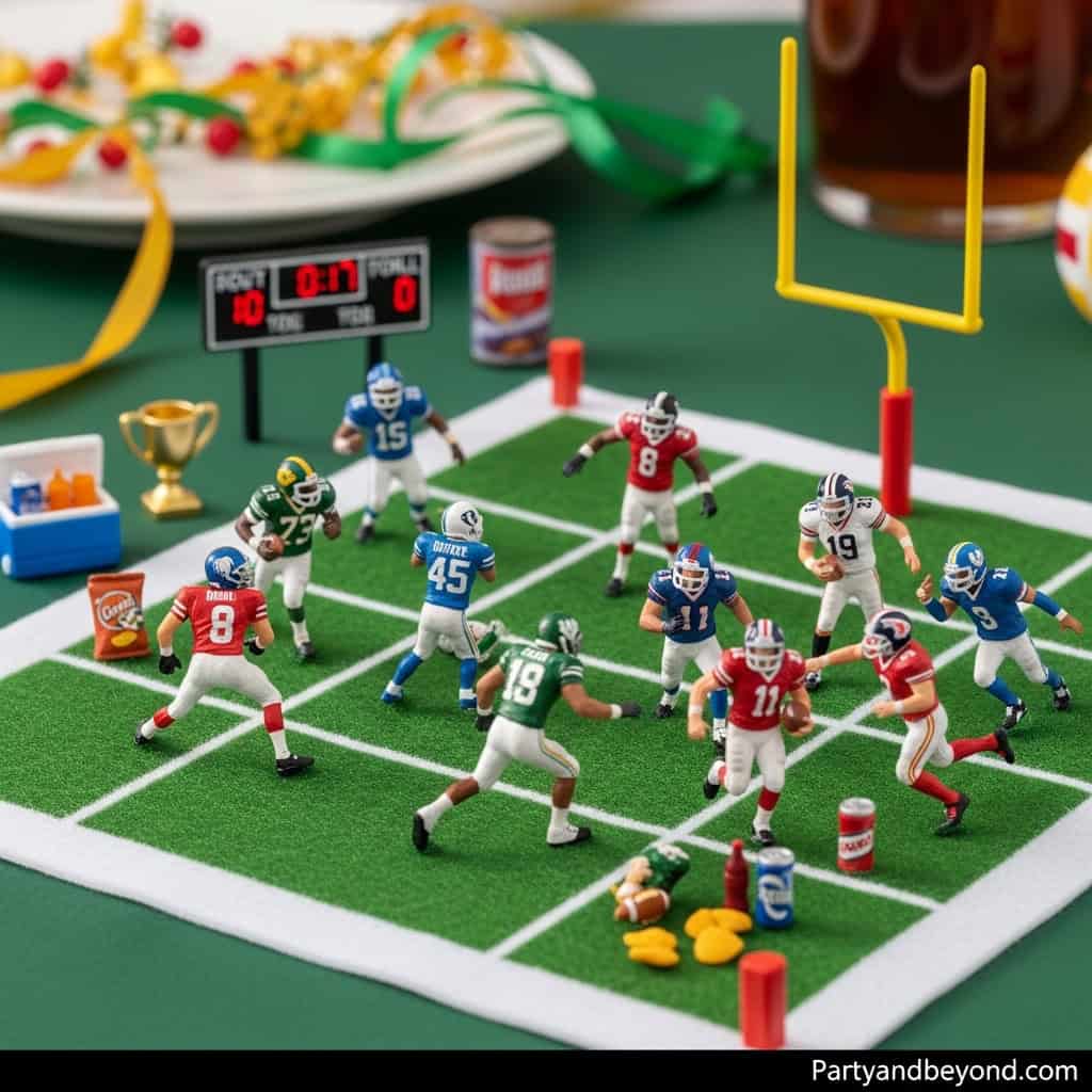 Mini football game with toy players and goalpost for Super Bowl celebration.