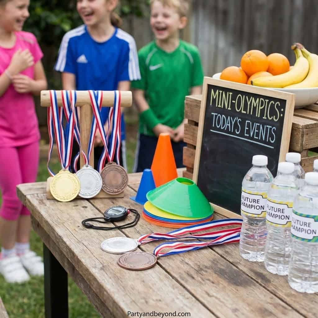 Kids' mini-Olympics medals and sports equipment at a fun birthday party.