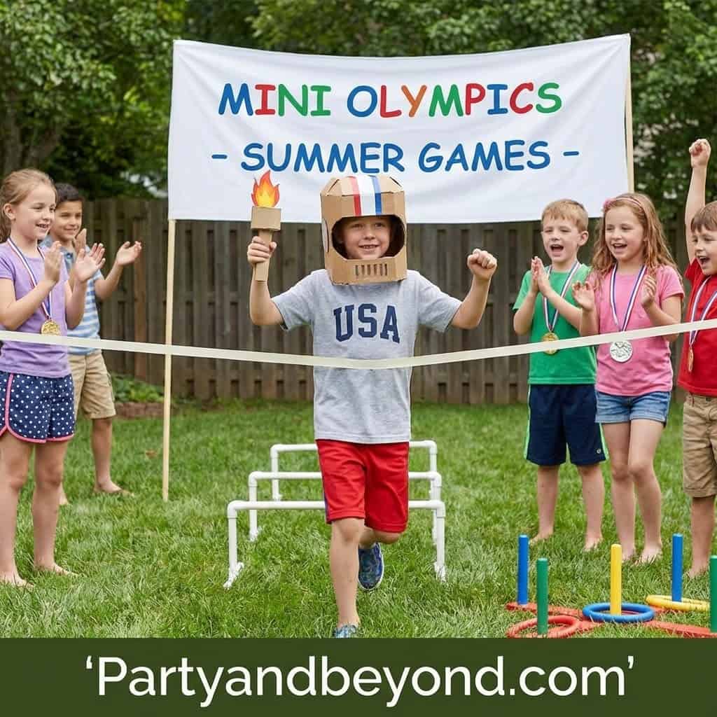 Kids participating in mini Olympics summer games with a child dressed as a robot.