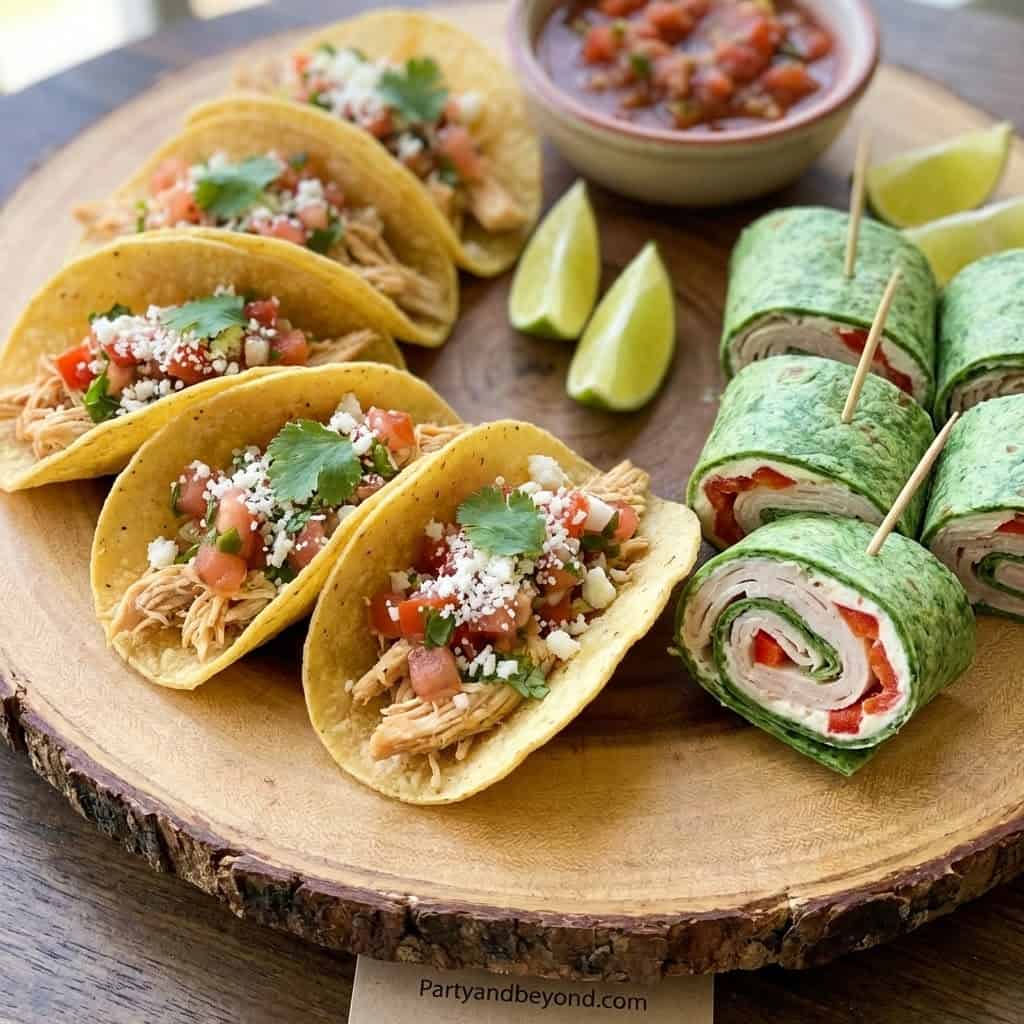 Delicious mini tacos and veggie wraps perfect for budget-friendly party food ideas. Easy to prepare.