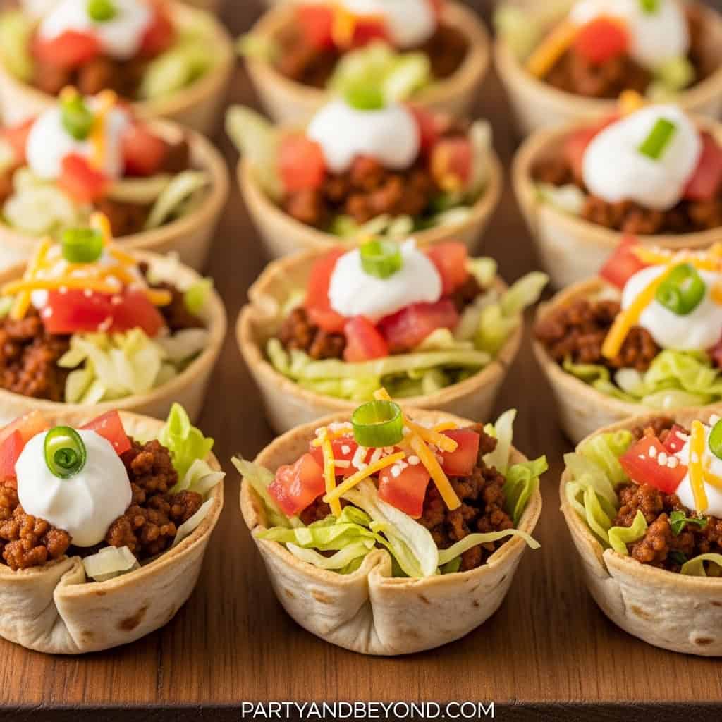 Delicious mini taco cups with seasoned beef, lettuce, and toppings for Super Bowl snacks.
