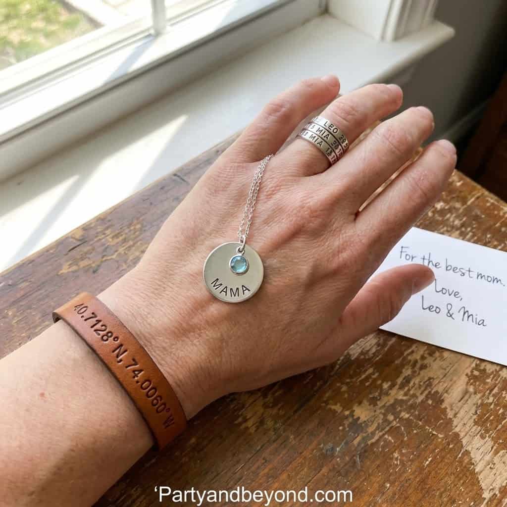 Mom necklace with engraved "MAMA" pendant and coordinates, perfect for a heartfelt graduation gift.