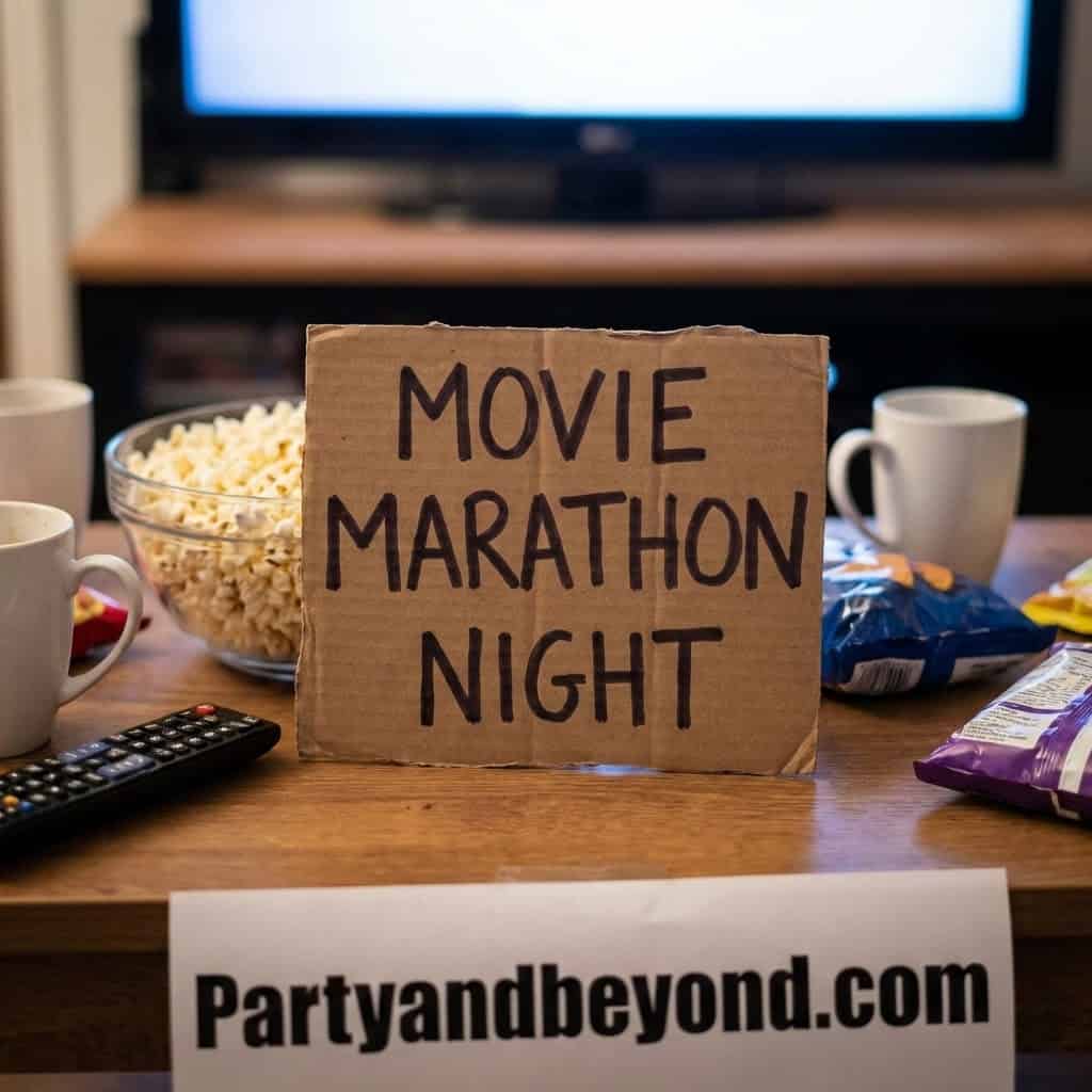 Movie marathon night sign for 15th birthday celebration with snacks and cozy setup.