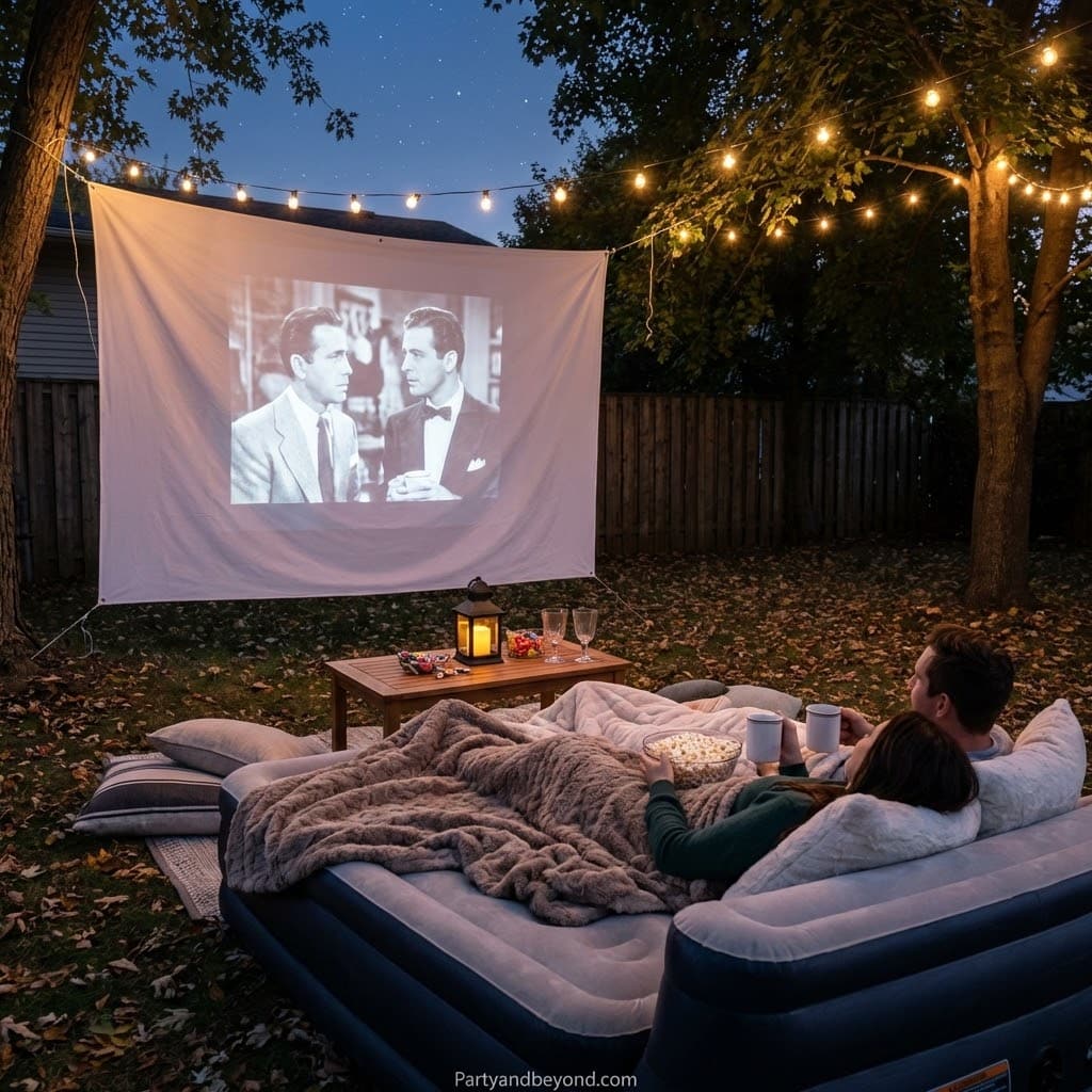 Outdoor movie screening with cozy seating and string lights for a fun summer birthday celebration.
