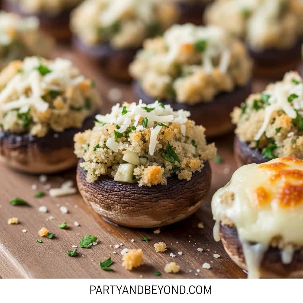 Delicious stuffed mushroom caps topped with cheese, herbs, and breadcrumbs, perfect for Super Bowl s.
