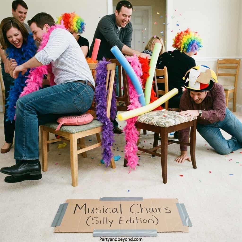 Kids playing musical chairs with colorful costumes and props at a birthday celebration.