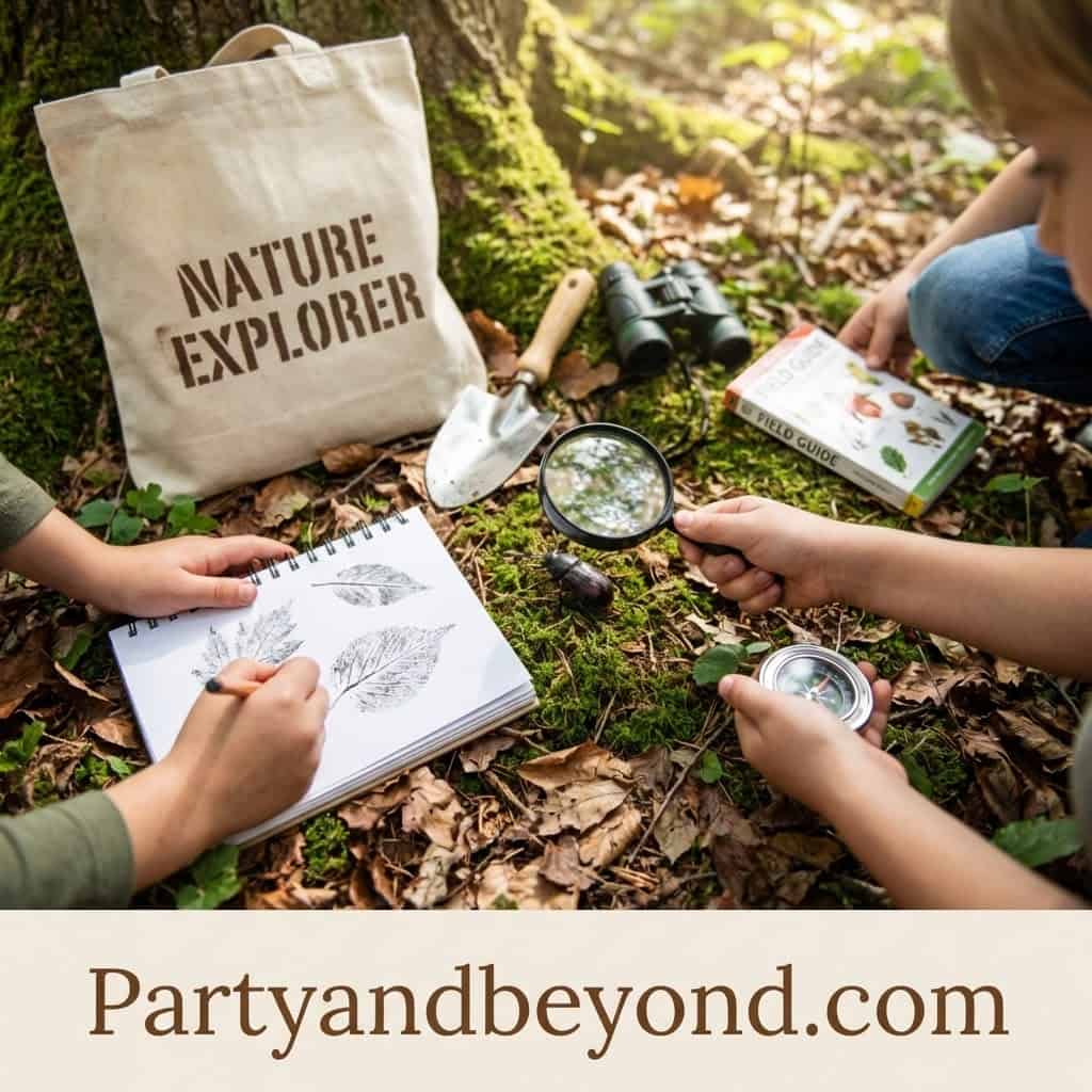 Outdoor nature exploration kit for kids with magnifying glass, guidebook, and notebook. Perfect for.
