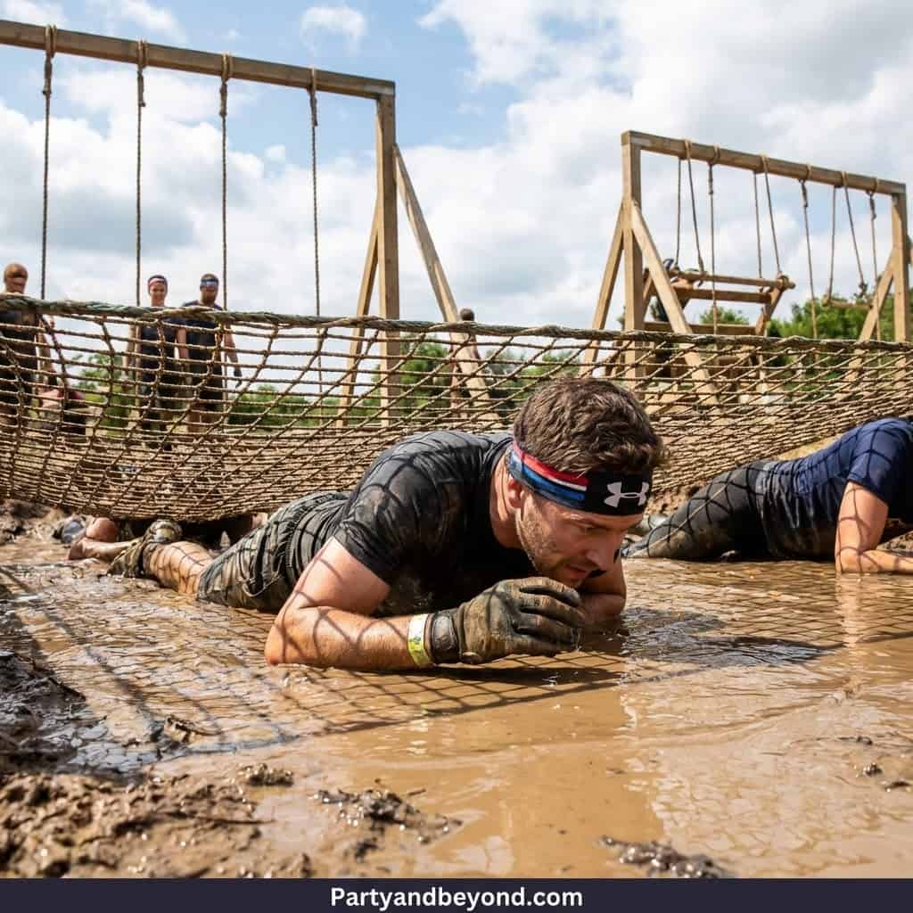 Boys crawling through muddy obstacle course during outdoor party event.
