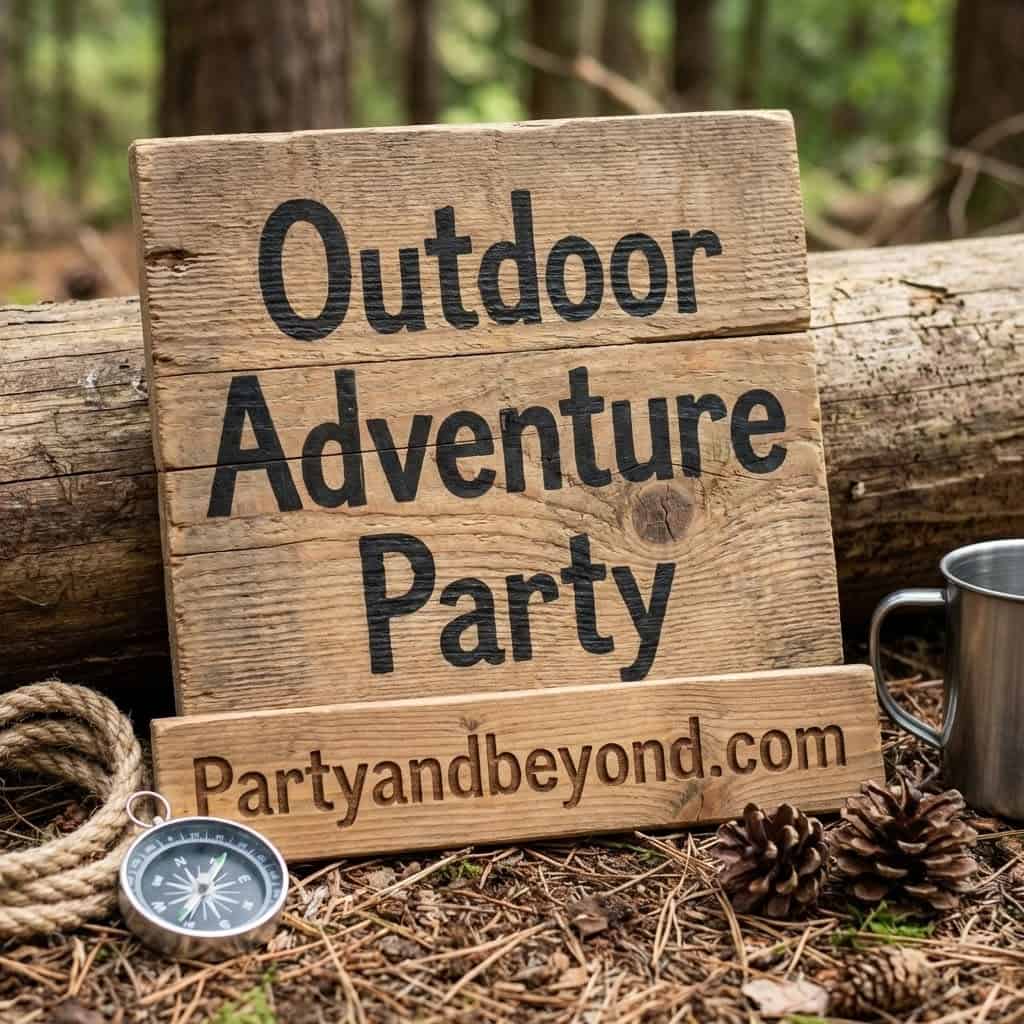Outdoor adventure party sign with rustic wood design for 15th birthday celebrations. Perfect for out.