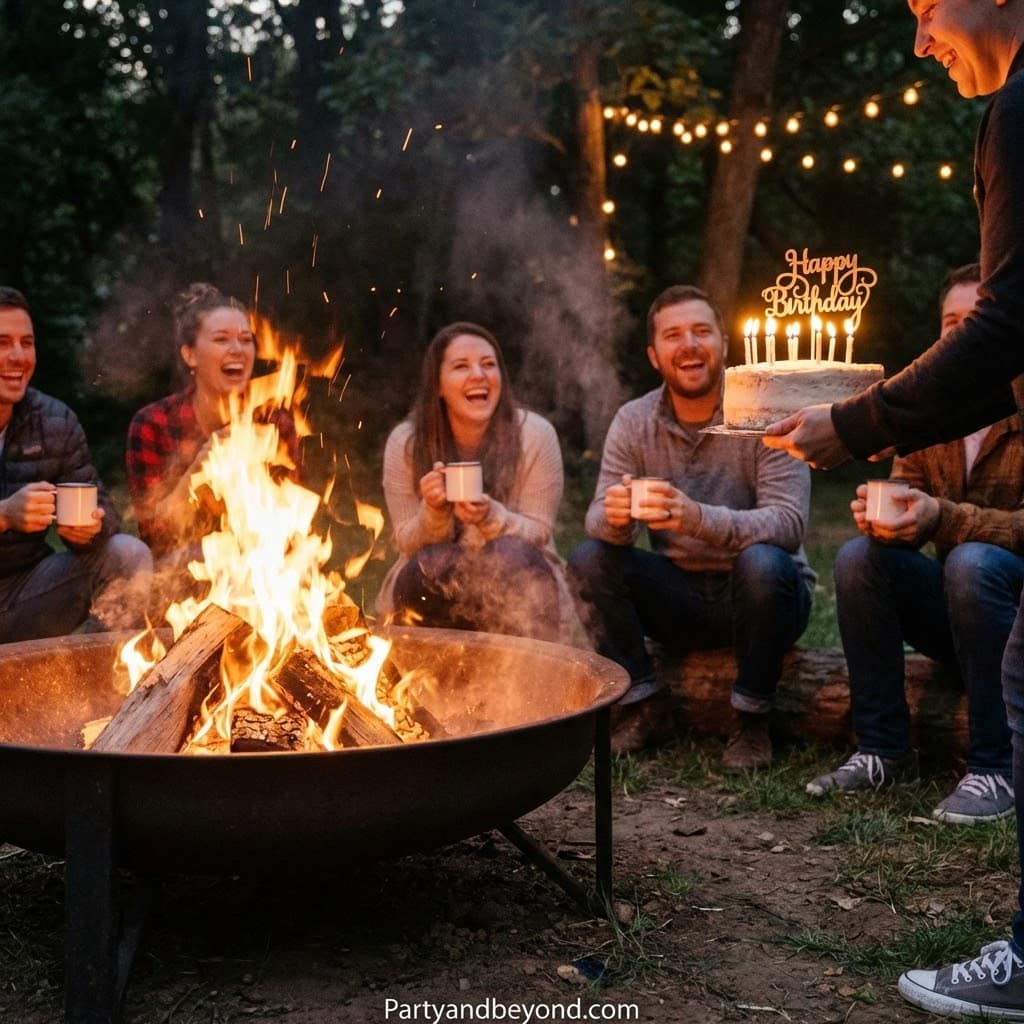 Outdoor birthday party scene featuring friends gathered around a fire pit with mugs, celebrating a s.