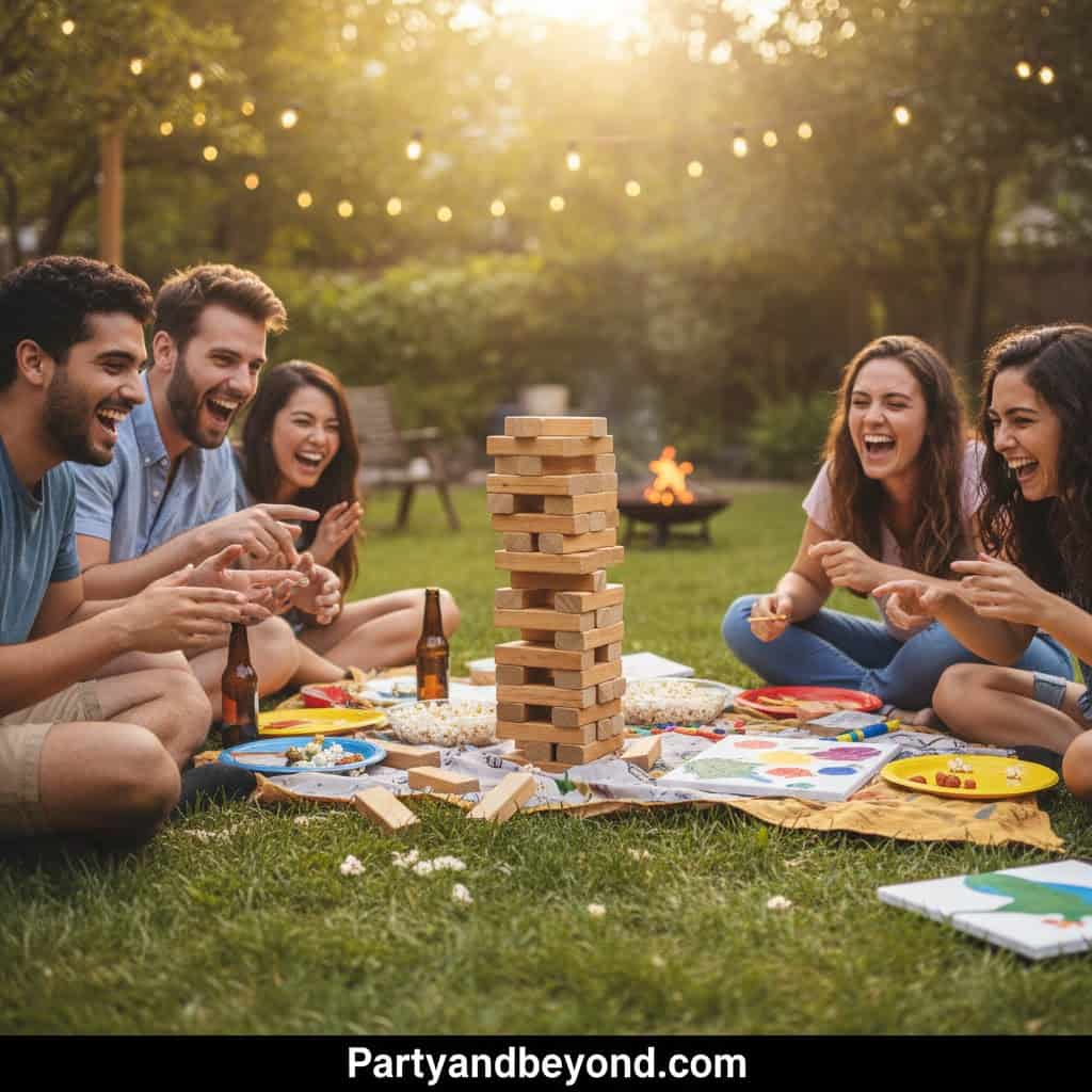 Outdoor backyard birthday party with friends enjoying a game of giant Jenga, ideal for budget-friend.
