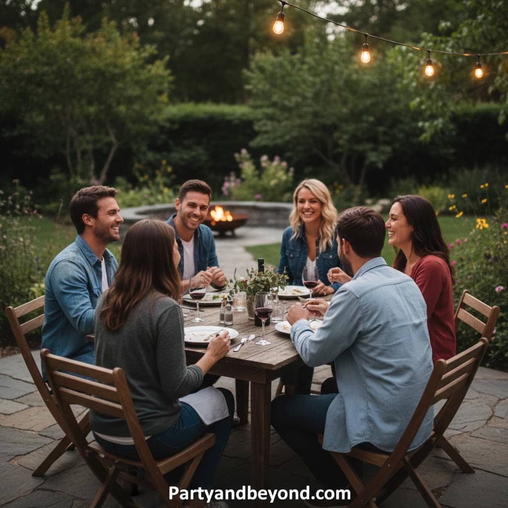 Group of adults enjoying a backyard dinner with string lights and outdoor decor.