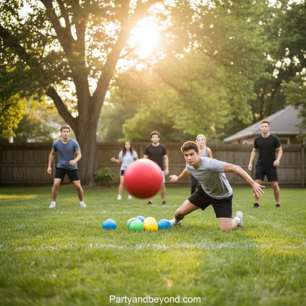 Fun outdoor party game for boys with colorful balls in a backyard setting.