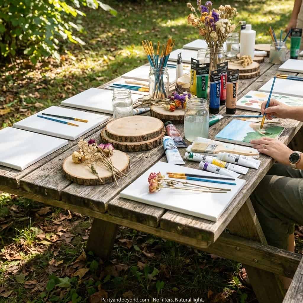 Outdoor paint and sip station for garden birthday celebrations.