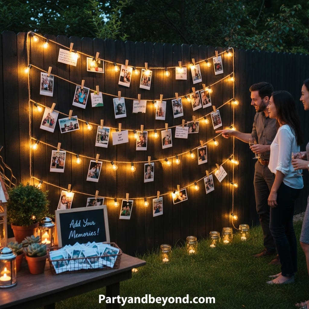 Outdoor backyard birthday celebration with string lights and photo display.