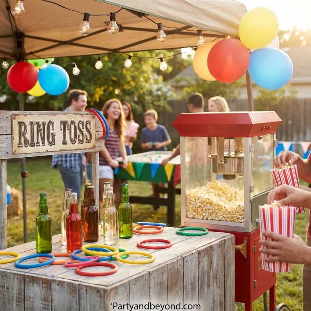 Outdoor birthday party game setup with ring toss, popcorn machine, and colorful balloons.