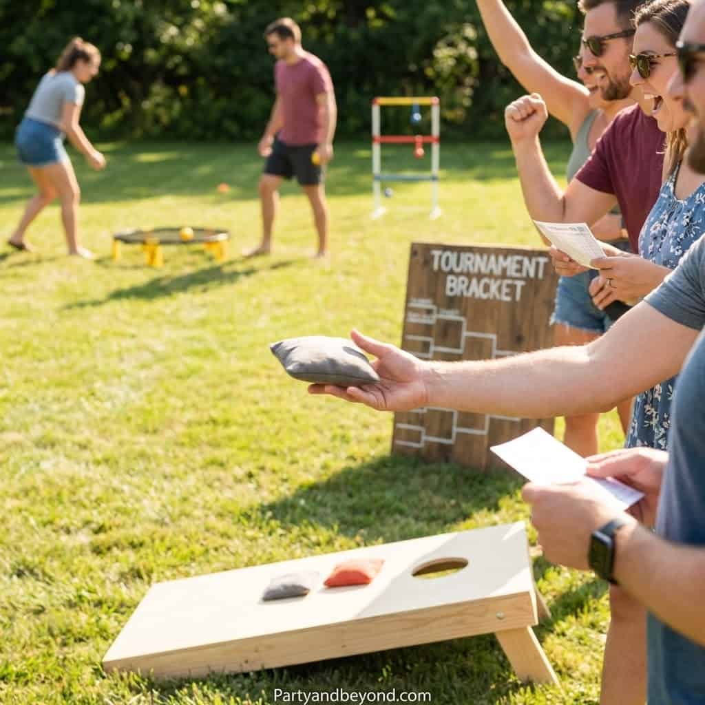 Family playing outdoor backyard games at a birthday party.