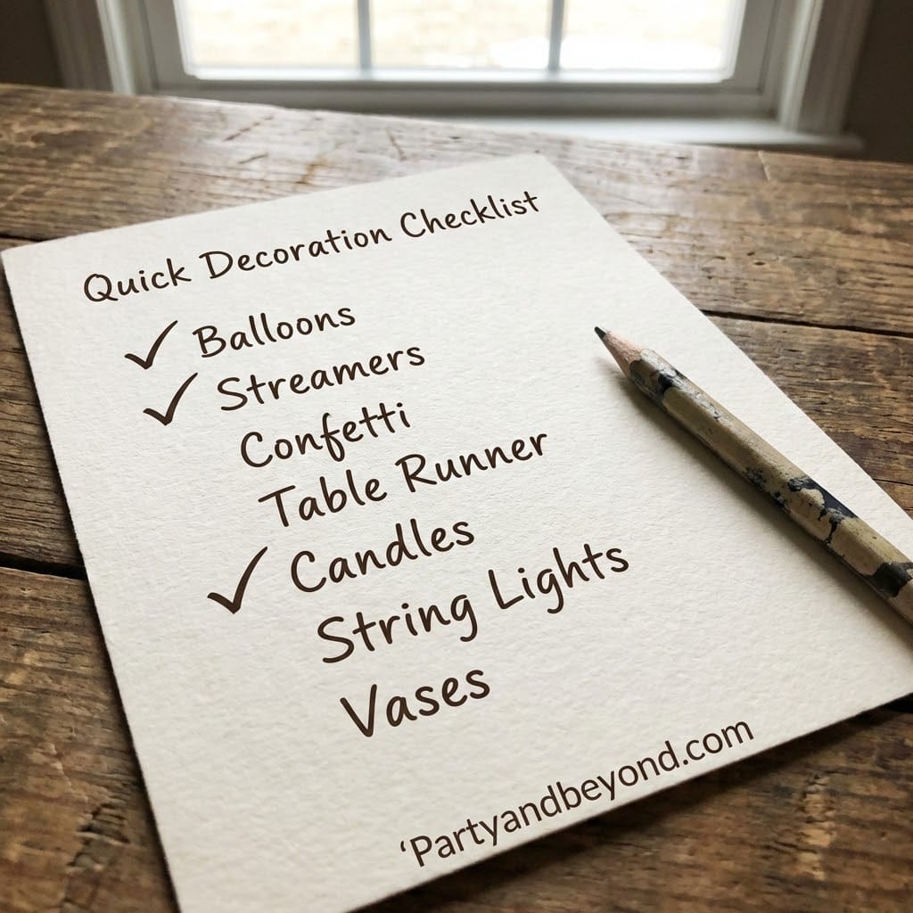Quick birthday decoration checklist with balloons, streamers, confetti, candles, string lights, and.