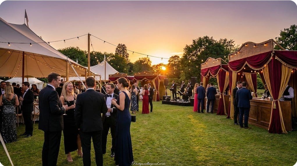 Outdoor carnival wedding games setup at sunset.