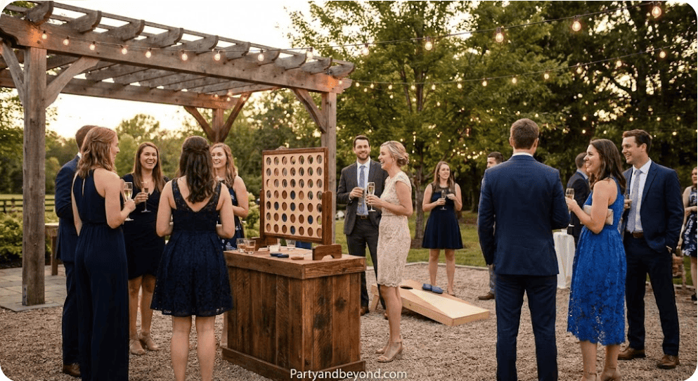 Guests enjoying funHaus-inspired carnival wedding games at an outdoor celebration.