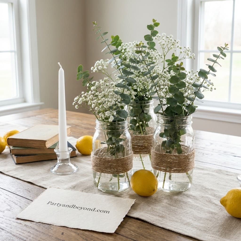 Elegant floral centerpiece with white baby's breath and eucalyptus in mason jars for stylish event d.