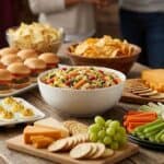 19 Easy Party Food Ideas for the Ultimate Budget Party Delicious party food ideas including sliders, pasta salad, cheese, and veggie platter for budget-fri.