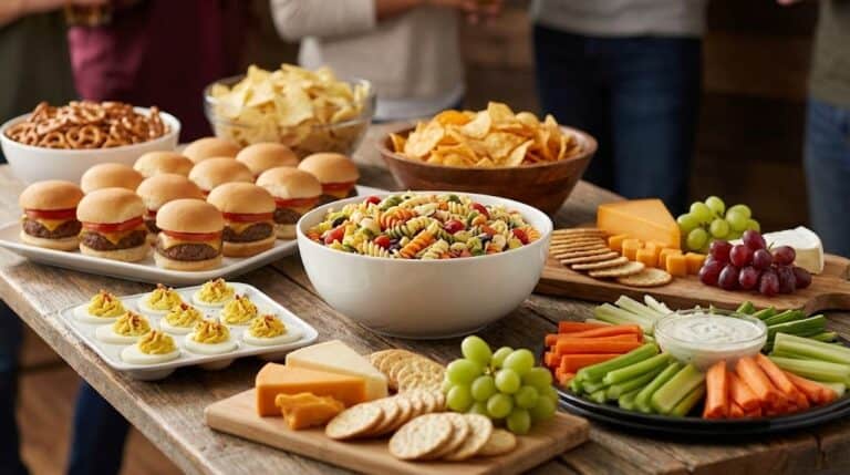 Delicious party food ideas including sliders, pasta salad, cheese, and veggie platter for budget-fri.
