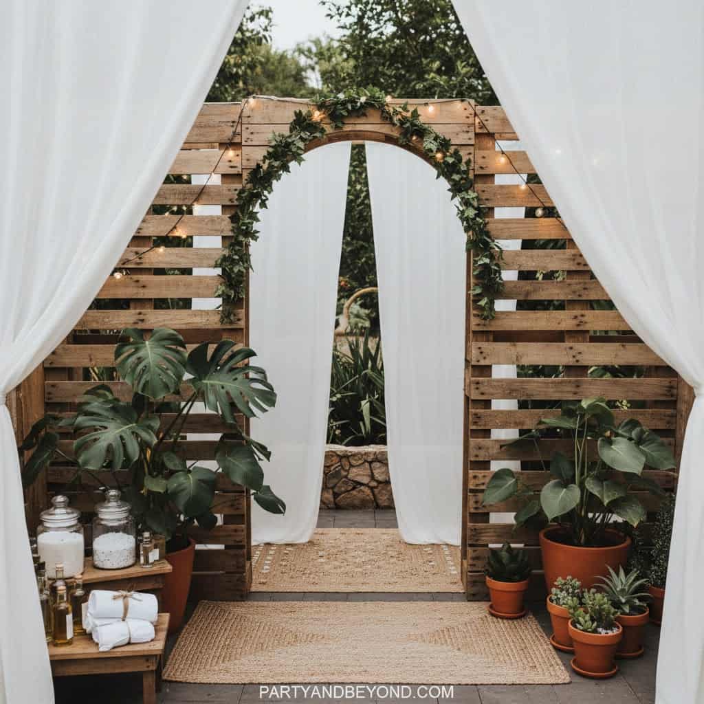 Garden arch with greenery and fairy lights for kids' spa-themed party. Perfect for fun, relaxing, an.