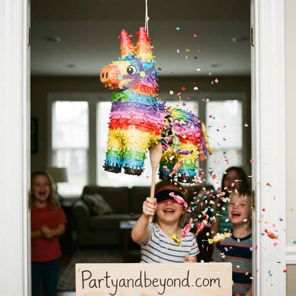 Kids celebrating with colorful llama piñata at birthday party indoors.
