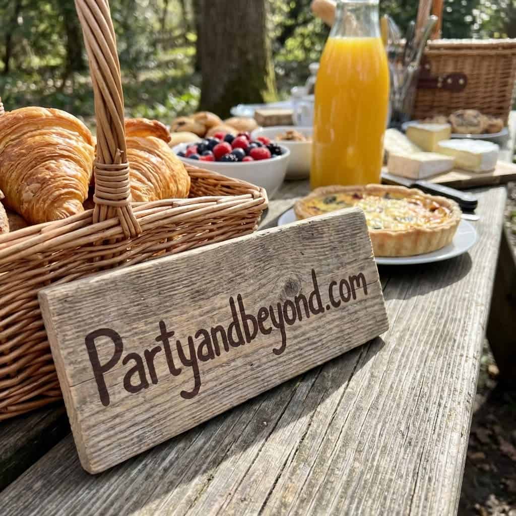 Outdoor breakfast table with croissants, berries, and juice for a birthday celebration.