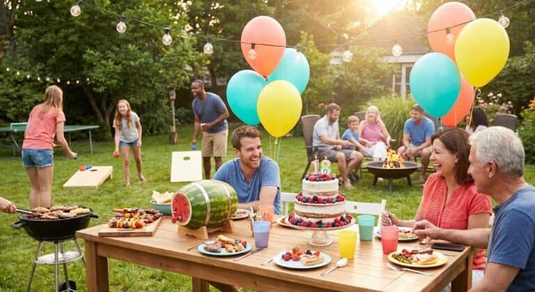 Family celebrating summer birthday outdoors with balloons and cake.