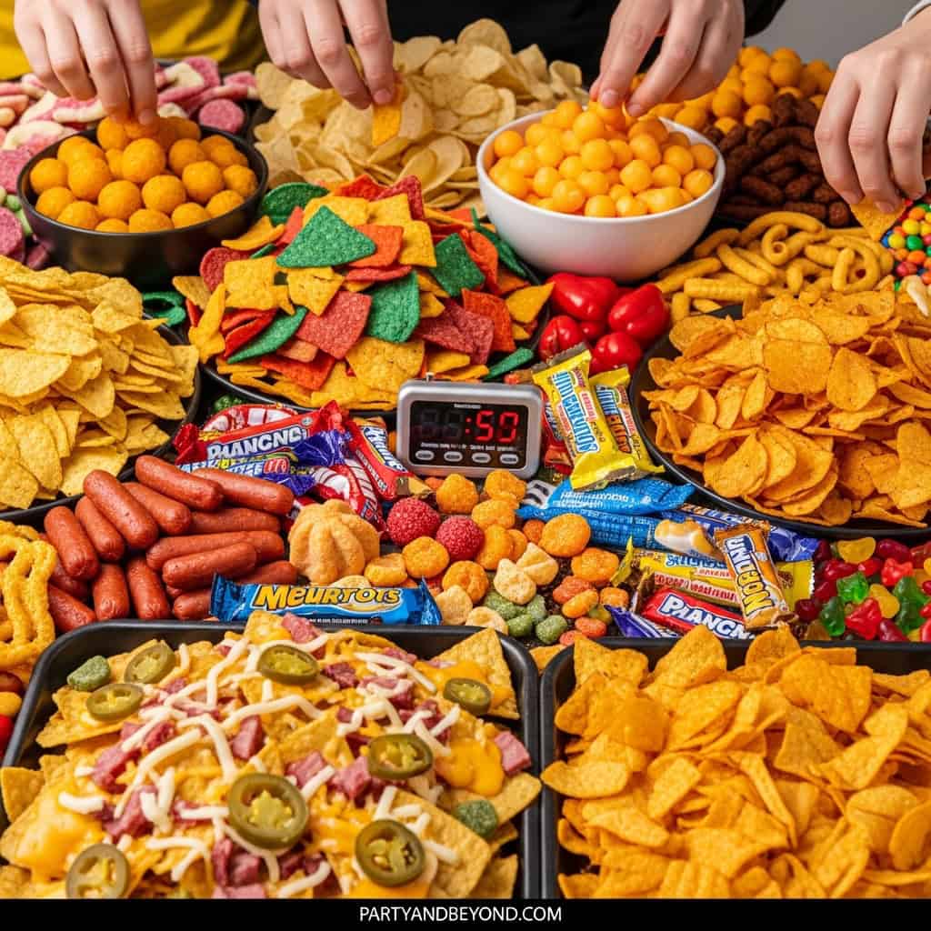 Colorful snack table with chips, candies, and finger foods for a Super Bowl party.