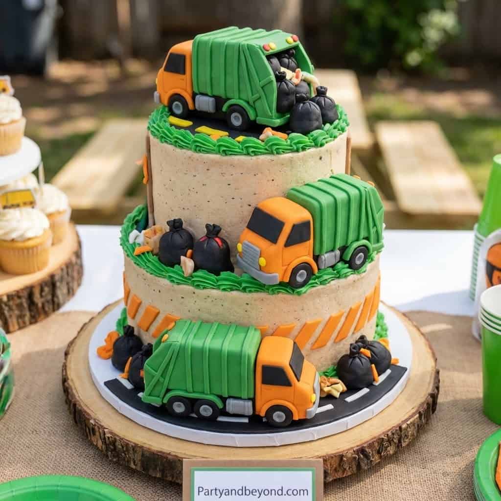 Decorative trash truck cake with green and orange details for a birthday celebration.