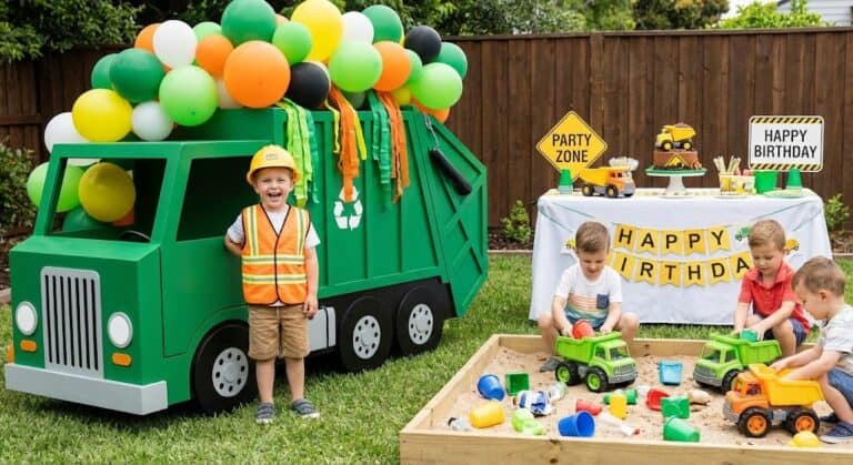 Colorful trash truck-themed birthday party setup with balloons and toy trucks.
