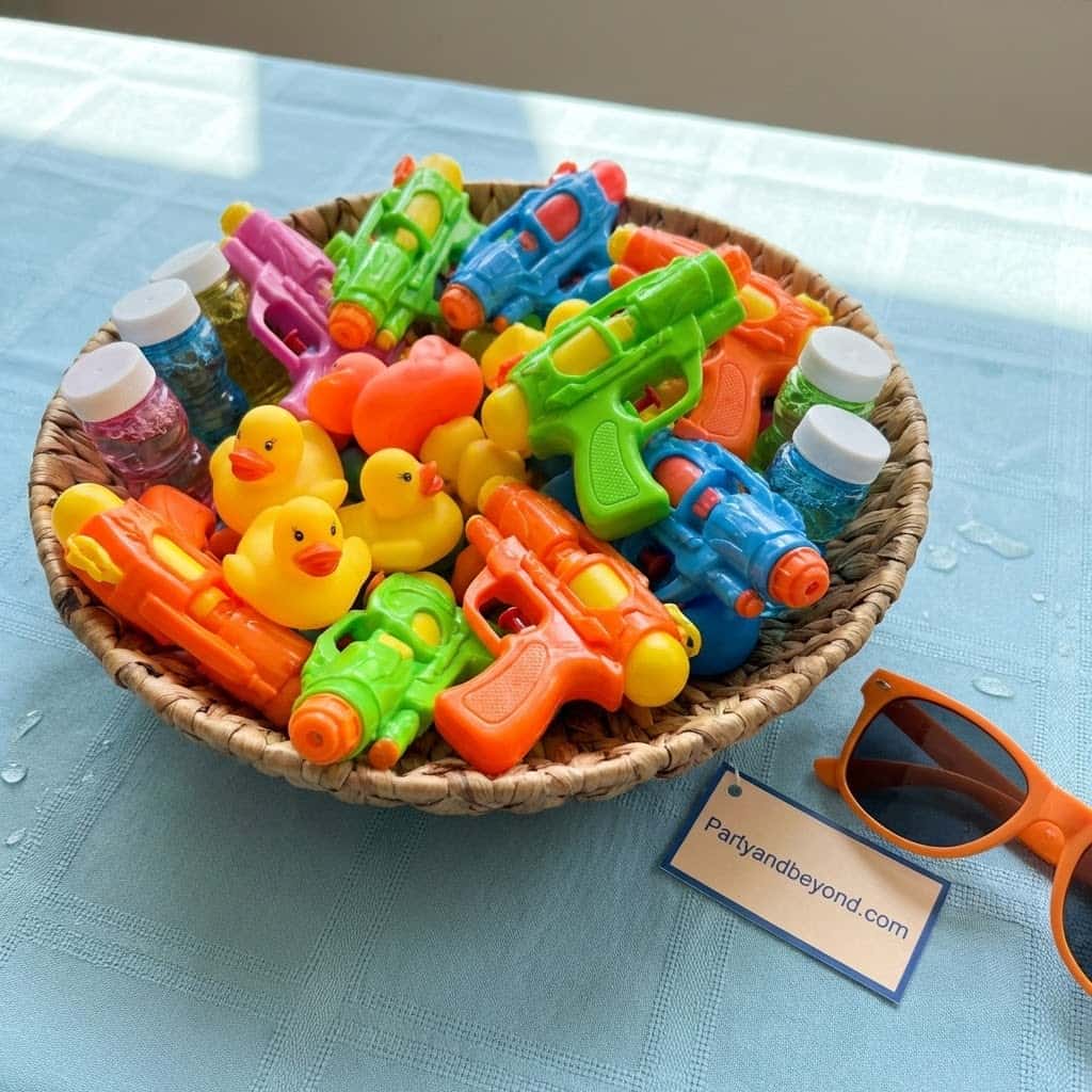 Colorful water guns and rubber ducks for children's party favors. Perfect for a Finding Nemo-themed.