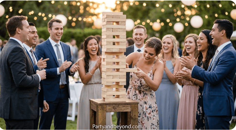 Guests enjoying a giant Jenga game at a carnival-themed wedding.