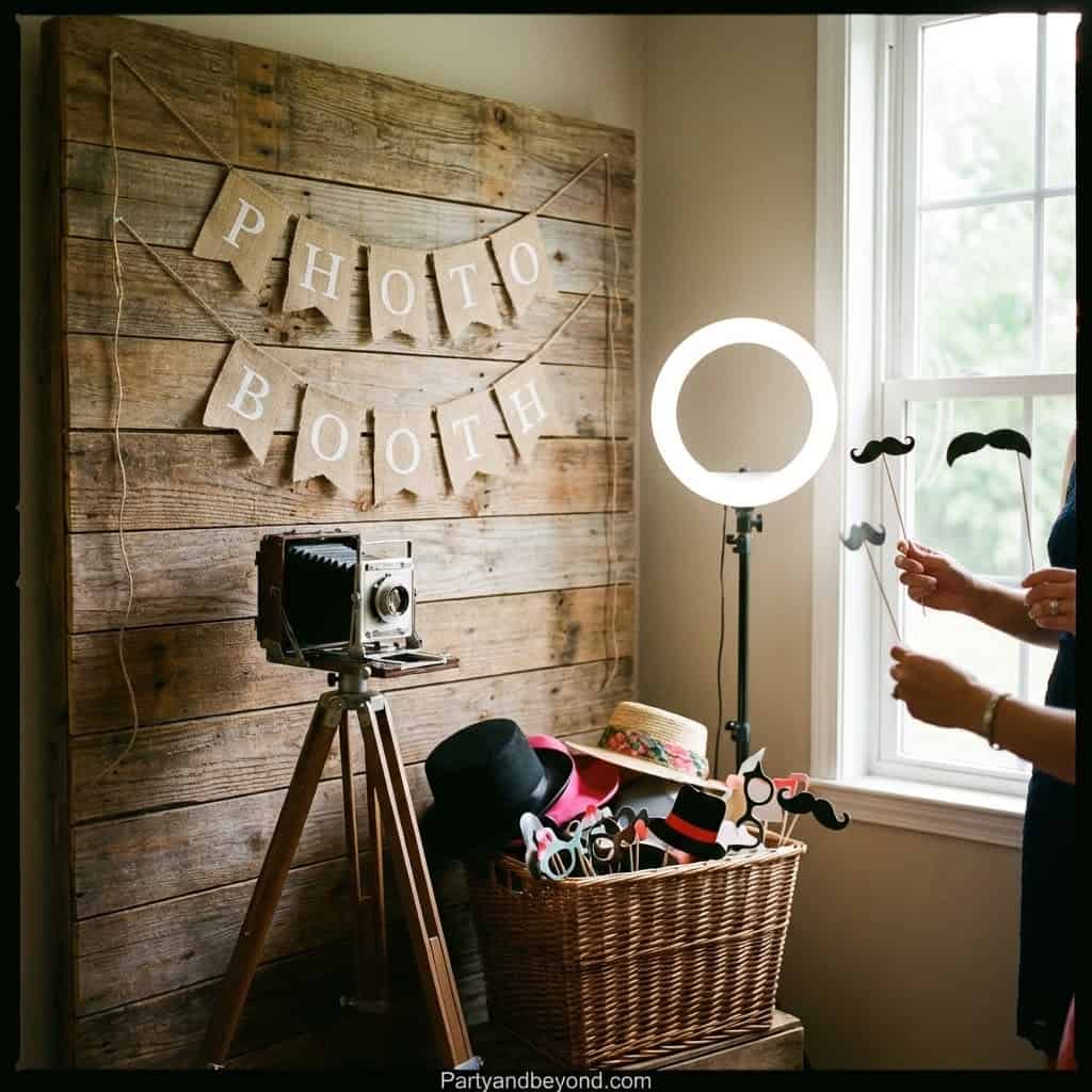 Photo booth with vintage camera, ring light, and fun props for adult birthday celebrations.