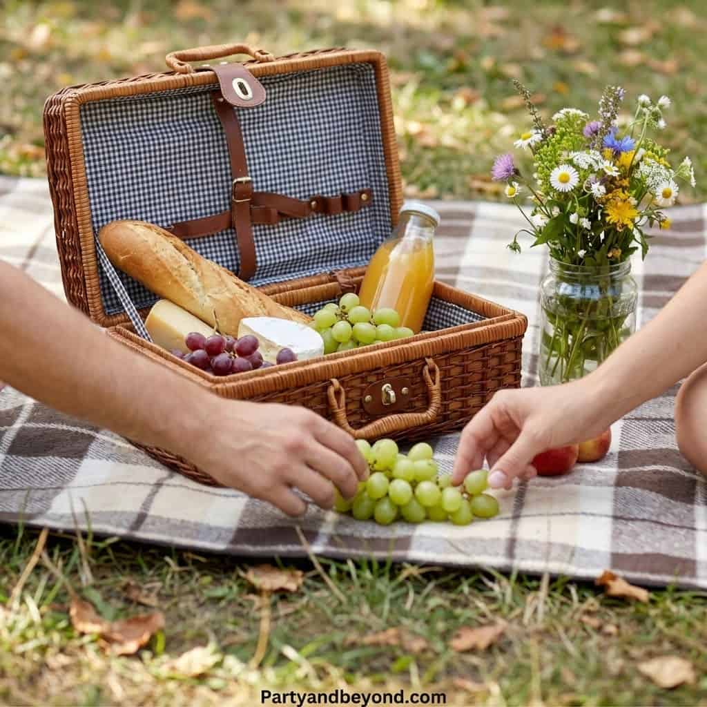 Picnic basket with grapes, bread, juice, and flowers on a checkered blanket outdoors.