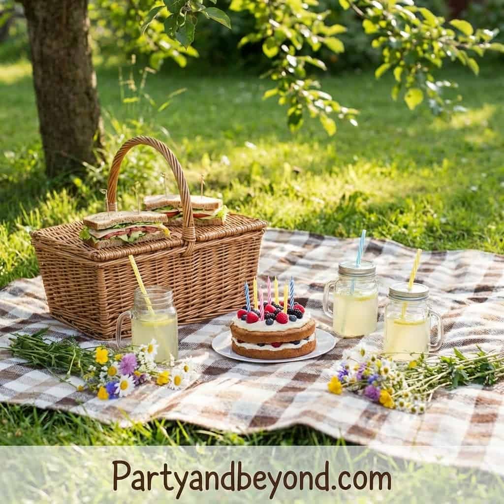 Outdoor picnic birthday celebration with cake, drinks, and flowers on a checkered blanket.