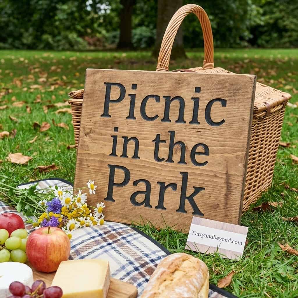 Picnic in the Park sign with food and flowers for birthday celebration.