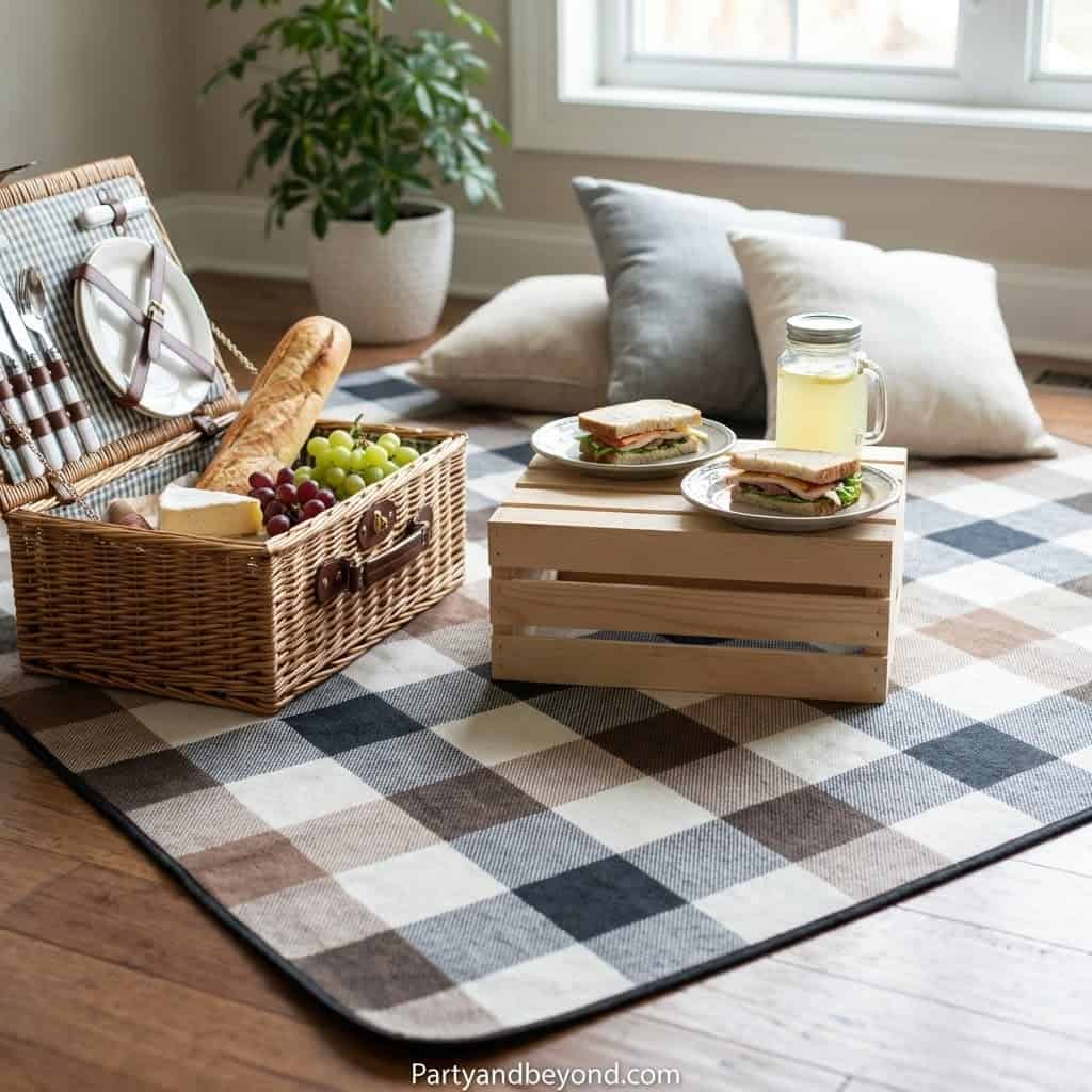 Indoor picnic setup with sandwiches, fruit, and drinks on a checkered rug.