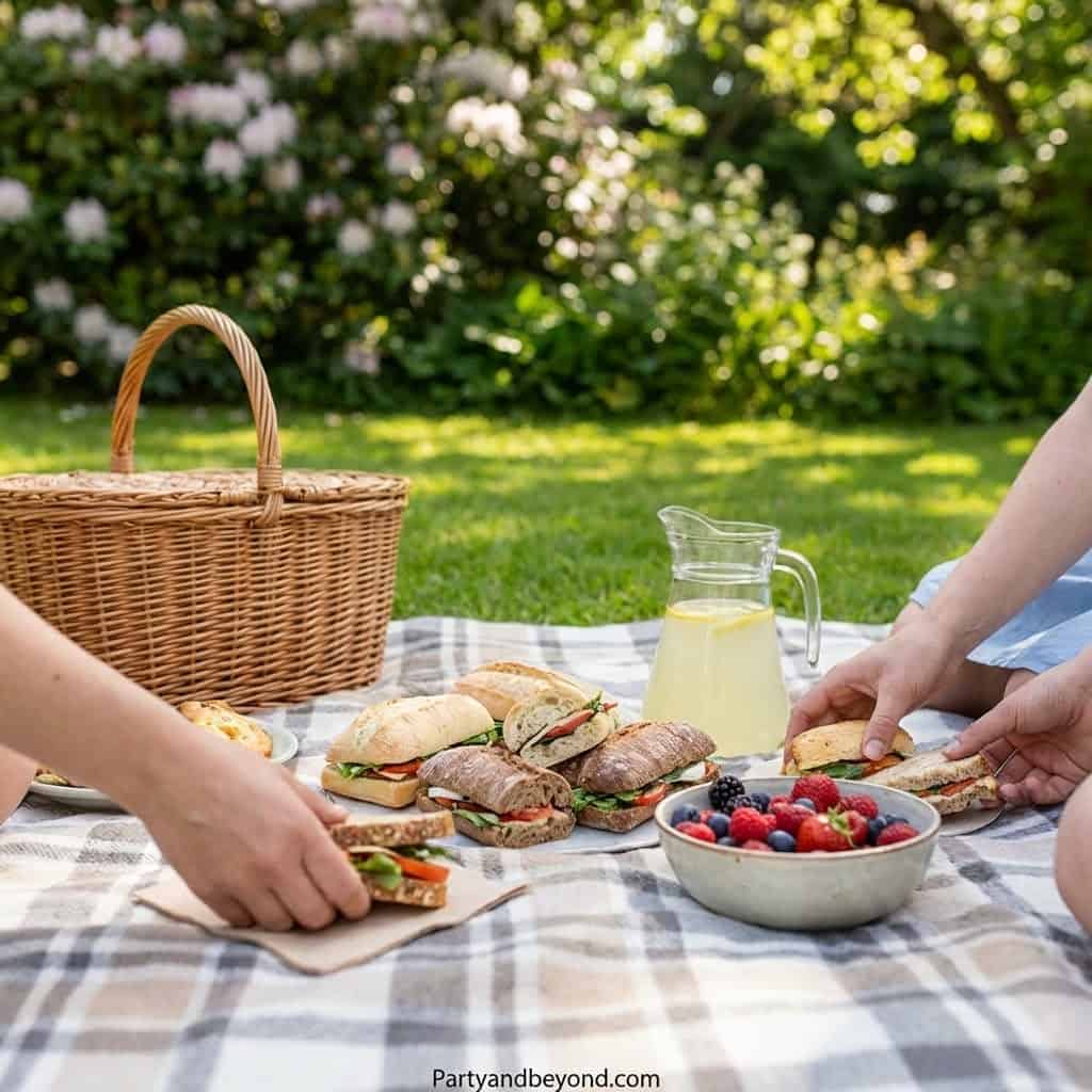Summer picnic with sandwiches, berries, and lemonade outdoors.