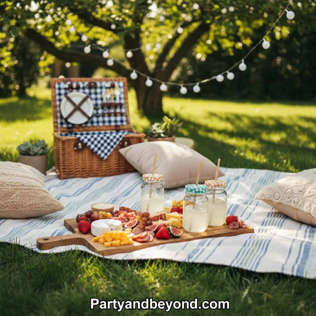 Outdoor birthday picnic with snacks, pillows, and string lights under a tree.