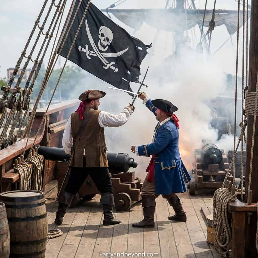 Children dressed as pirates engaging in a playful sword fight on a ship deck.