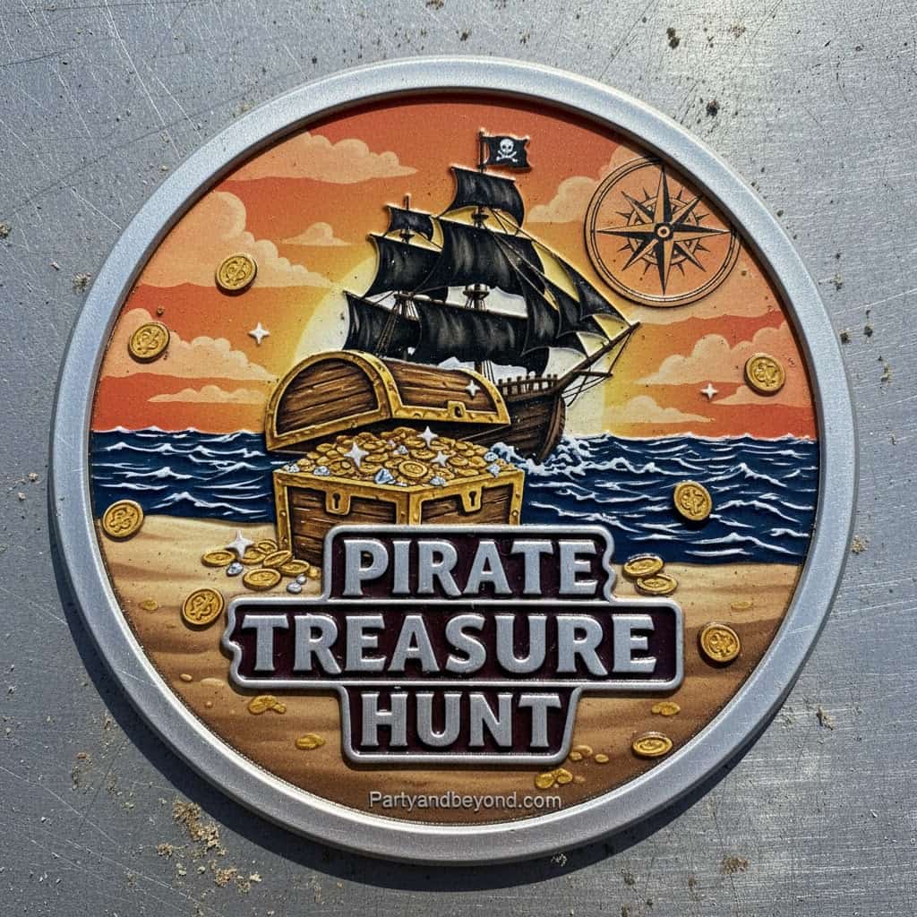 Pirate treasure hunt sign with ship and gold coins for kids' party theme.