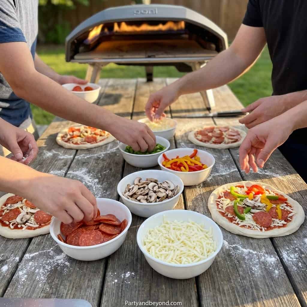 People preparing homemade mini pizzas outdoors on a rustic wooden table.