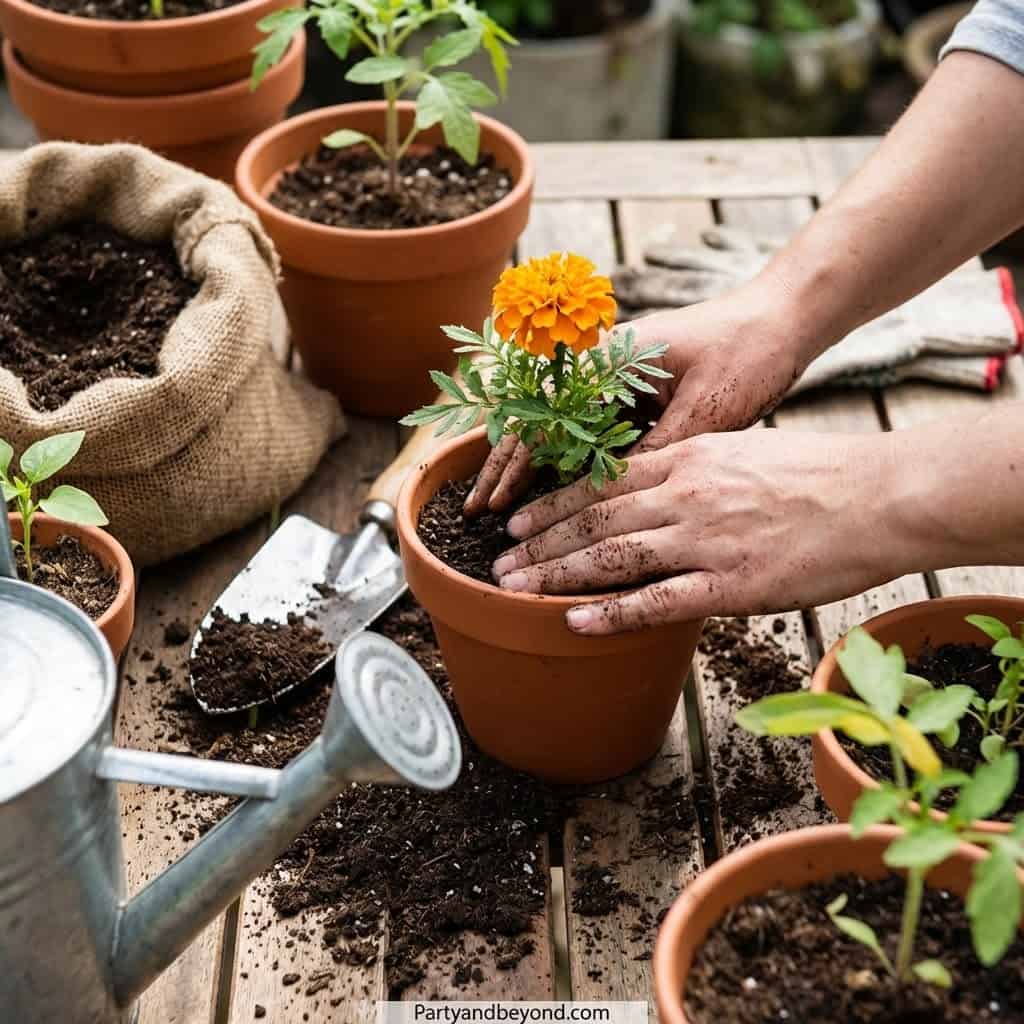 Marigold planting in terracotta pots for spring birthday party decor and garden fun.