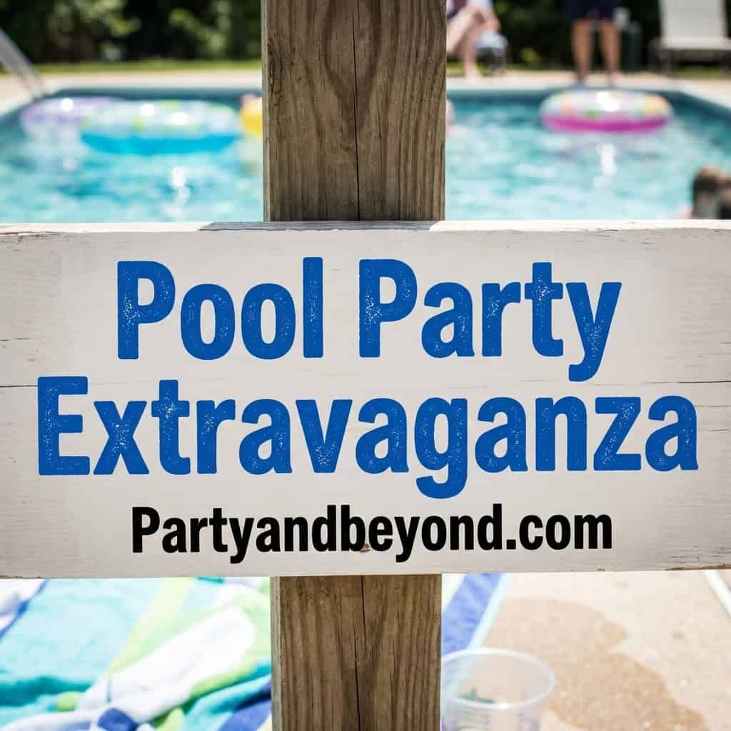 Pool party sign with "Pool Party Extravaganza" and website, at a fun birthday celebration.